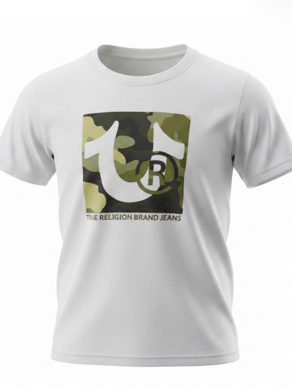 True Religion White Tee with Olive Camo Logo